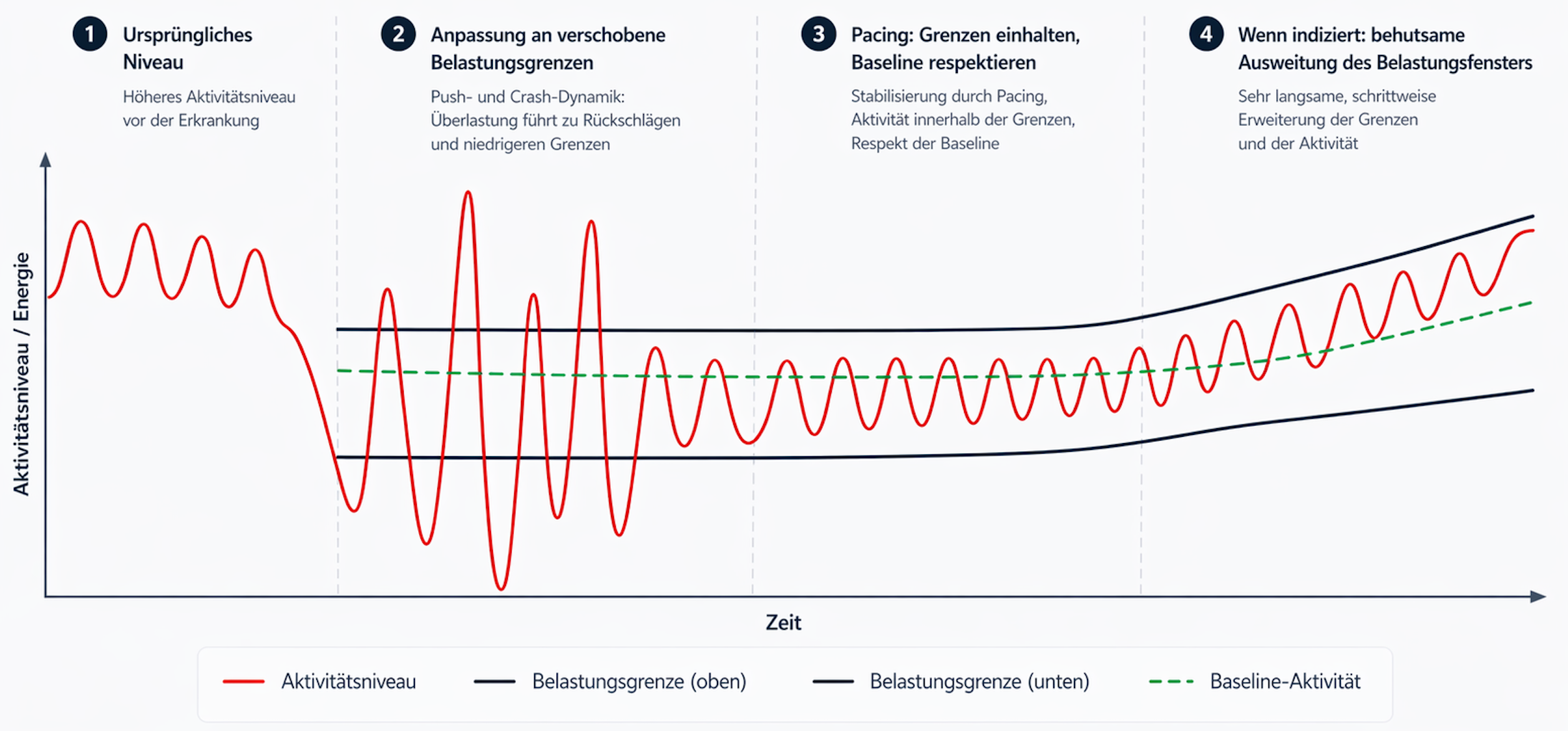 Diagramm des progressiven Energiefensters: Aktivitätsniveau über die Zeit mit vier Phasen – ursprüngliches Niveau, Push-and-Crash-Dynamik, Stabilisierung durch Pacing und behutsame Ausweitung des Belastungsfensters, dargestellt mit oberer und unterer Belastungsgrenze sowie Baseline-Aktivität.