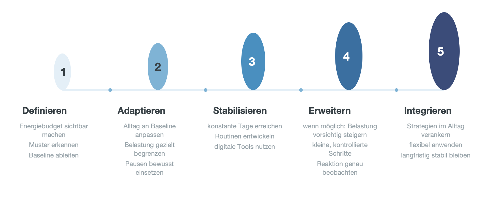 Fünf-Phasen-Modell des Pacing-Ansatzes: Definieren, Adaptieren, Stabilisieren, Erweitern und Integrieren, jeweils mit den zugehörigen Schwerpunkten.